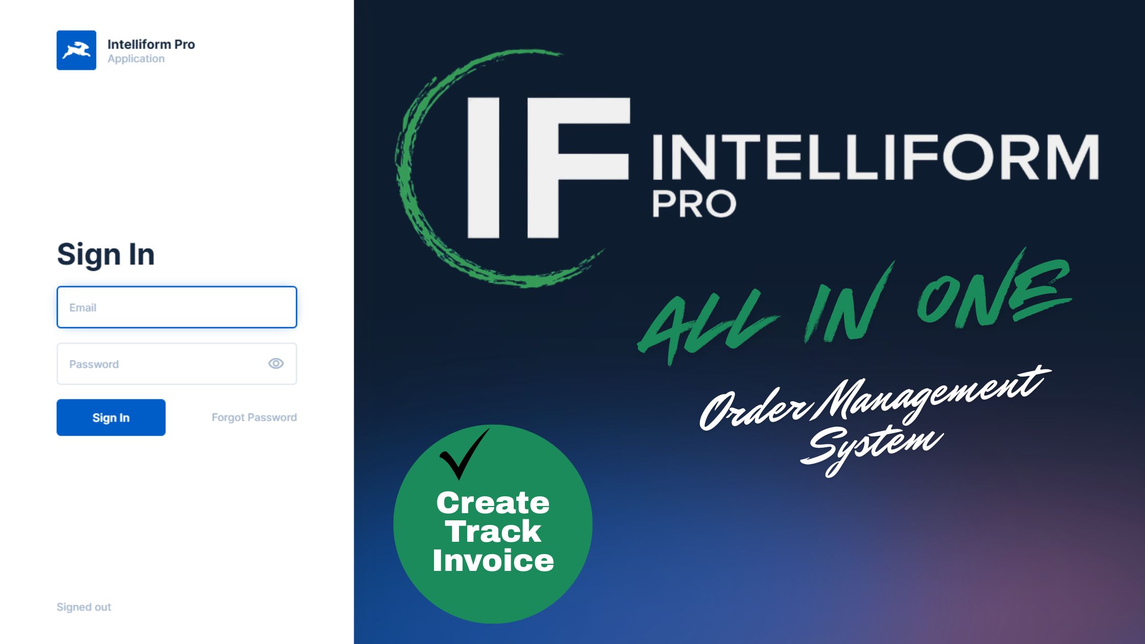 Intelliform Pro login scree - create, track, and invoice